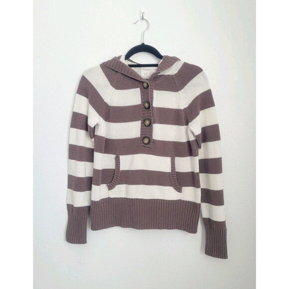 Y2k Aeropostale Striped Henley Knit Hooded Sweater Size L Brown Twee Grunge Boho - Picture 1 of 6